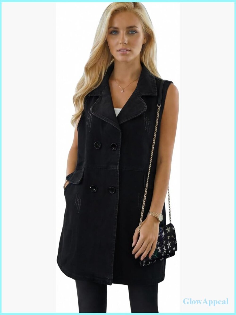 Sleeveless Long Denim Vest with Pockets Casual Distressed Lightweight Western
